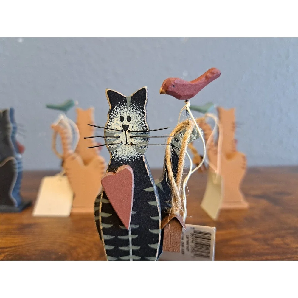 Vtg NOS Lot Of 4 Wooden Cat Figurine Knick Knacks‎ With Bird Handmade (A7)